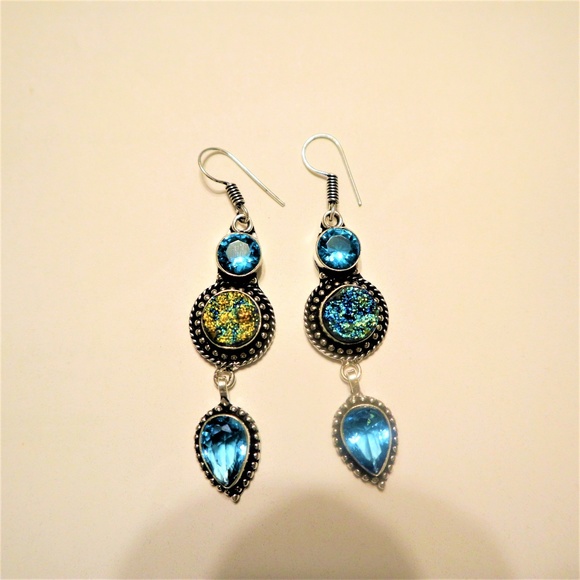 Titanium Druzy Blue Topaz & .925 Silver Earrings - Picture 3 of 4